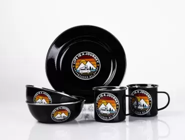 Vajilla esmaltada de 6 piezas para 2 personas, LA VIDA ES UN VIAJE.