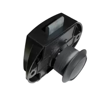 Cierre pulsador negro con roseta para cajones y armarios de caravanas, autocaravanas y camper.