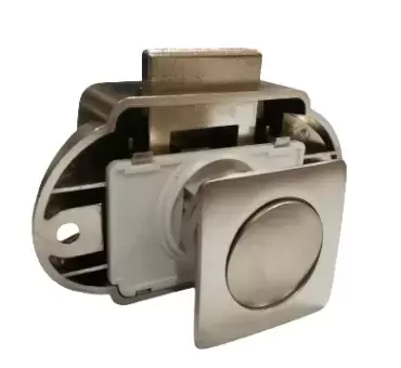 Cierre pulsador cuadrado con roseta y mecanismo, color níquel mate