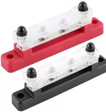 Barra ROJA de 4 conexiones Busbar 150AH POSITIVO más cubierta para instalaciones en autocaravanas y camper.