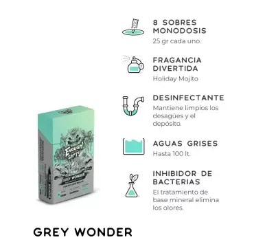 Grey Wonder tratamiento ecológico de aguas grises en sobres, 8 unidades de 25 gramos, para caravanas, autocaravanas y camper.