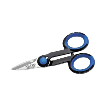 Tijeras electricista profesional con hojas dentadas de acero inoxidable alta resistencia.