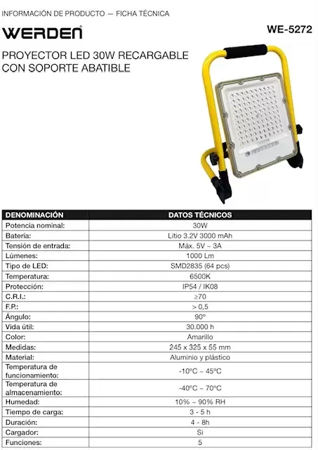 Proyector Led 50W recargable con batería de Litio LiFePO4 3.2V , soporte abatible, multiusos, camping caravaning y 4x4 overland.