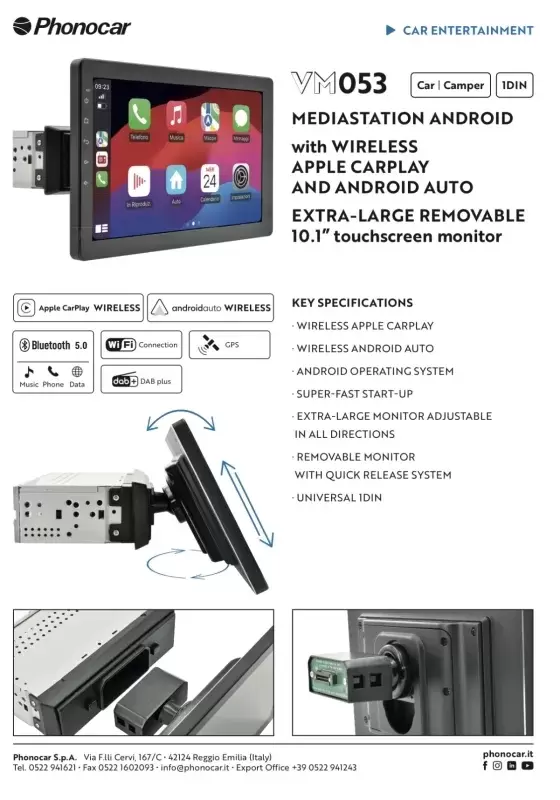 Equipo de música multimedia 1 Din  Apple CarPlay y Android Auto inalámbricos pantalla táctil  10.1″ para autocaravanas y camper.
