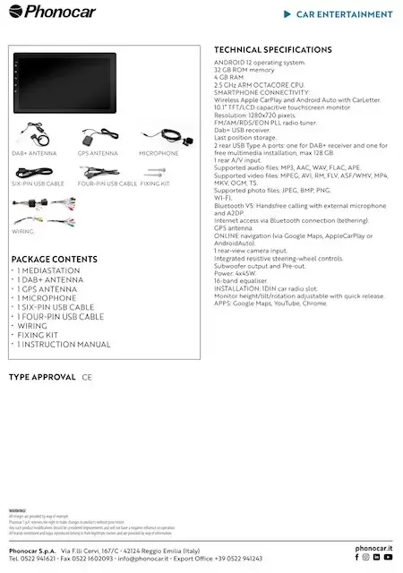 Equipo de música multimedia 1 Din  Apple CarPlay y Android Auto inalámbricos pantalla táctil  10.1″ para autocaravanas y camper.