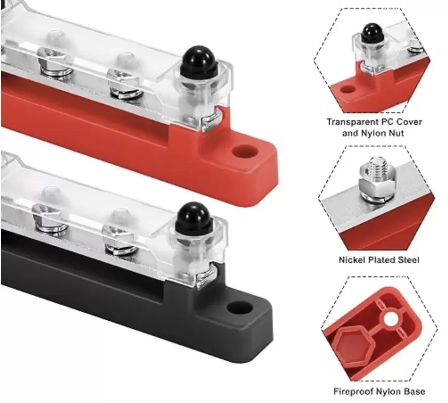Barra NEGRA de 4 conexiones Busbar 150AH NEGATIVO más cubierta para instalaciones en autocaravanas y camper.