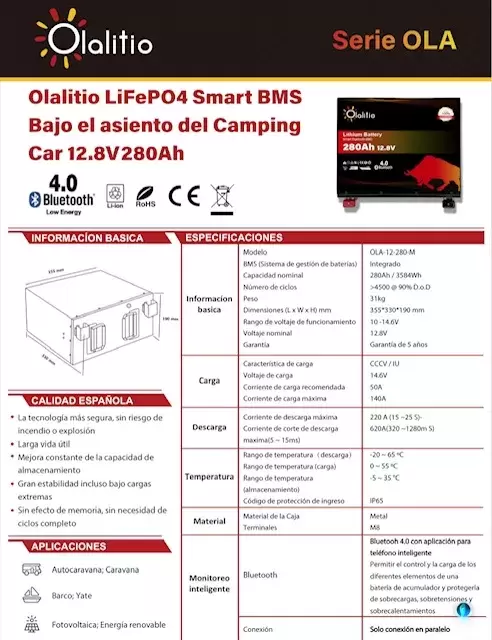 Batería de Litio bajo asiento 280Ah 12.8V LiFePO4 Smart BMS con Bluetooth para Autocaravana y camper.