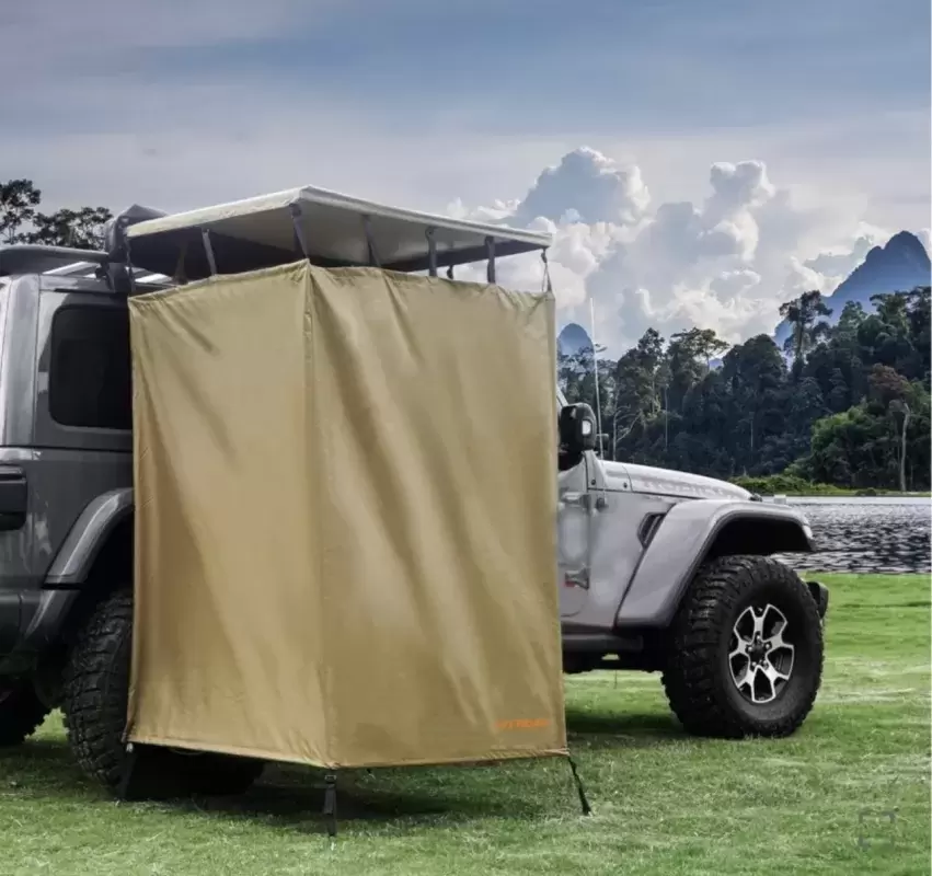 Cabina Ducha pórtatil plegable con luz Led y suelo rígido de PVC para camper y 4x4 overland.