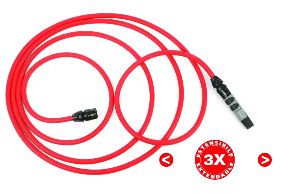 Manguera Bamboo mágica extensible Roja  de 10 hasta 30 metros con accesorios, caravanas, autocaravanas, camper y 4x4 overland.